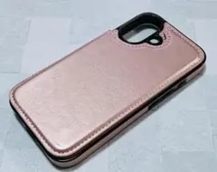 シンプル 背面手帳型 iPhone16 用 ケース カード入れ ピンクゴールド