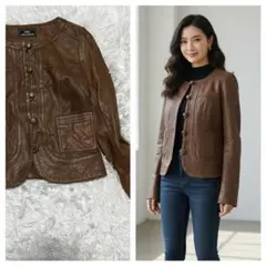 グレースコンチネンタル 羊革 レザージャケット ブラウン ノーカラー 36