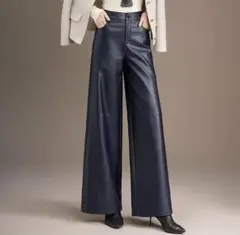 フェイクレザー ワイドパンツ スラックス ネイビー