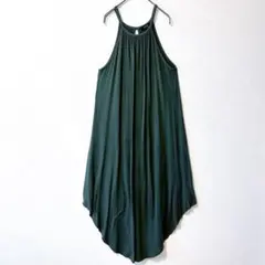ダークグリーン プリーツ キャミワンピース 変形 ロング S〜M相当