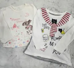 【ベビー薄手長袖　２枚】ウサギ、ネコプリント長袖Tシャツ
