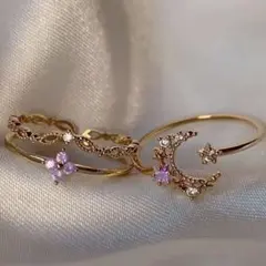 2点セット ゴールド 月 星 リング 調整可能リング