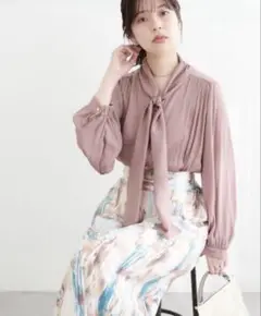 natural couture とろみサテンボータイブラウス　ピンク