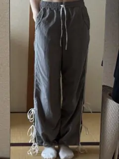 グレー ワイドパンツ サイド紐付き