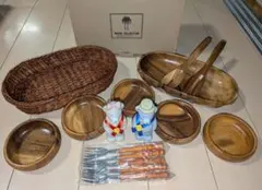 【新品・未使用品】 天然木 サラダボウル セット クマの調味料入れ付 レトロ