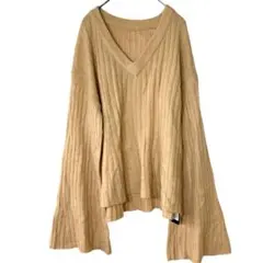 新品ナノユニバースピンクベージュ Vネック リブ編フレアスリーブニットセーター