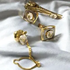 ネクタイピンセット 金色 クリスタル ゴールド レトロ アンティーク カフス