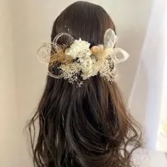 和玉とミニリボンのドライフラワー髪飾り　金箔　水引　卒業式　袴　結婚式　白