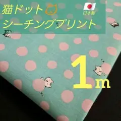 猫ドット柄　綿プリント　巾１１１／１１４✕１m　ミントグリーン✕ピンク　日本製