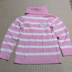 ピンクと白のストライプ ハイネックセーター