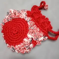 手作り赤と白の花形巾着袋 17cm x 17cm