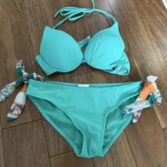 ターコイズビキニとストライプショートドレスセット