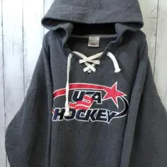 USA HOCKEY ロゴ 刺繍 ビッグサイズ パーカー グレー 2XL 古着