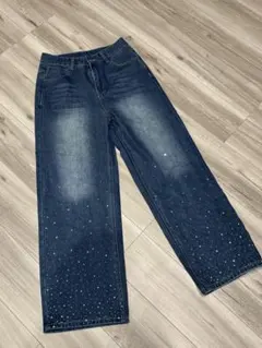 ビジュー装飾ダークブルーデニムワイドレッグ