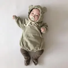 新品未使用！即日発送！クマ耳フード付きロンパース 2色　60-70