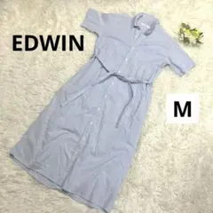 美品EDWINレディース半袖シャツロングワンピース　ストライプ柄　白×ブルー系M