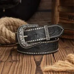メンズ スタッズ ウエスタンベルト 彫刻バックル ブラック ヴィンテージ 新品