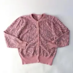 USED 古着 ピンク ラメ パフスリーブ バラ ニット カーディガン セーター