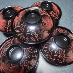 赤い花模様 漆器皿 5個セット