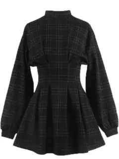 【新品】チェック柄 フレアワンピース 長袖 ハイネック ブラック　Mサイズ