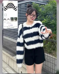 【GRL】ボーダー柄フェザーニットショート丈カーディガン