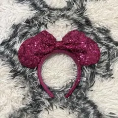 ピンク スパンコール リボン付きミッキー耳カチューシャ