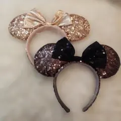 ディズニーミニーピンクゴールド黒スパンコールカチューシャ