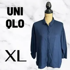 【UNIQLO】リネンブレンドシャツ　隠しボタン　清涼感　ネイビー　XLのサムネイル