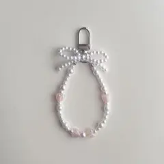 pink heart ribbon key ring _ ビーズキーホルダー