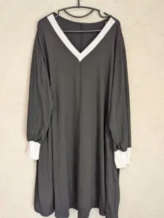 大きいサイズ 新品 Vネック長袖 ワンピース バイカラー ワンピ 膝丈