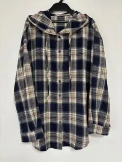 フード付きチェックシャツ M ネイビー ベージュ