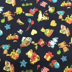 【レトロ】クリスマス生地1ｍ クリスマス プレゼント&ベア　ネイビー