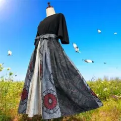 017❇︎大島紬ギャザーたっぷりスカート リボン両脇ポケット裏地付き❇︎着物リメイク