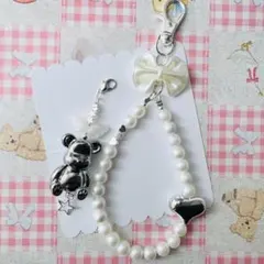 2点セット　ハンドメイド　ストラップ　y2k 韓国　パール　ハート　リボン　クマ