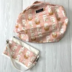 ハンドメイド 新品 横型収納ポーチバッグ付き生成りxピンク猫柄エコバッグ 別売可