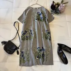 SUPER HAKKA 刺繍　花柄　ワンピース　長め　グレー　鳥