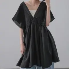 LOWRYS FARM シャーリングチュニックフレンチスリーブ ブラックのサムネイル