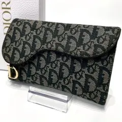 美品　ディオール　サドル　長財布　オブリーク　トロッター柄　ネイビー　金