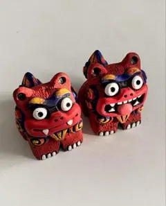 シーサー 陶器置物 2体セット　沖縄　赤
