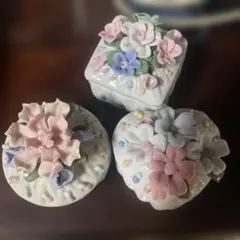 花柄陶器小物入れセット三個セット