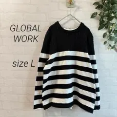 【GLOBAL WORK】 異素材切替 ニット 長袖 トップス (L) 黒×白