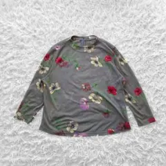 レトロ フラワープリント プルオーバー カットソー グレー フリーサイズ