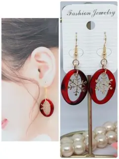 ハンドメイドピアス❤️ワインレッドマーブルリング×雪の結晶ピアス❤️スノゥフレイク