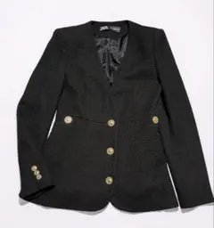 ZARA テーラードジャケット　金ボタン　ツイード　ブラック　ツイード