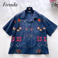 美品】24SS フリーダ インドパッチワーク刺繍シャツ 花柄 ネイビー 