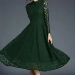 ダークグリーン レース ロングドレス