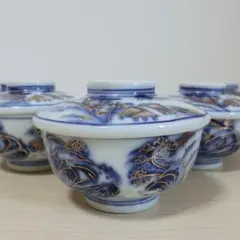 GW限定価格】美品/蔵出 九谷焼 染付 金彩 色絵 山水画 なます皿 5枚