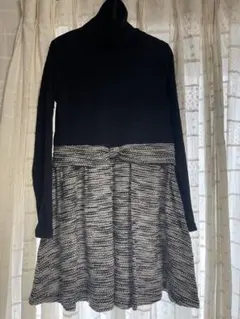 黒と白のストライプ タートルネックワンピース M-Lサイズ