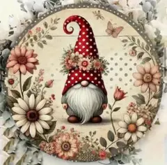 ノームさん ウェルカムボード リース 木製 壁飾り アンティーク 小人 妖精 赤