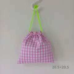 【ハンドメイド】ピンクのチェックの巾着 5. 正方形/コップ入れ/給食袋